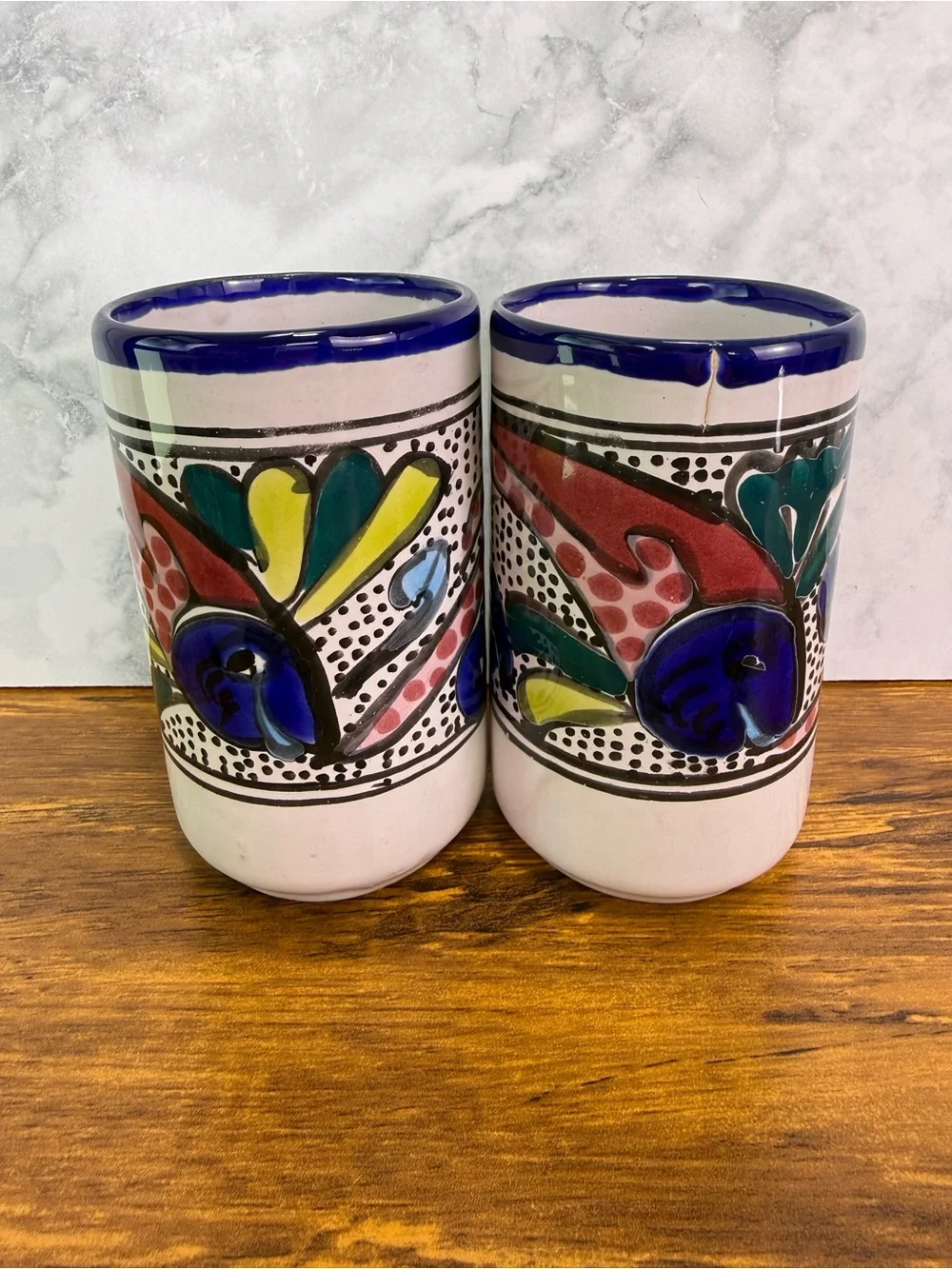 Set of 6 Mexican Talavera Style Pottery Tumblers Hand Painted Fish Folk Art Cups